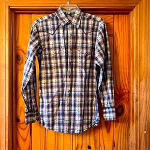Men’s Brooks & Dunn by Panhandle Slim size small. Brown, tan, light blue plaid.
